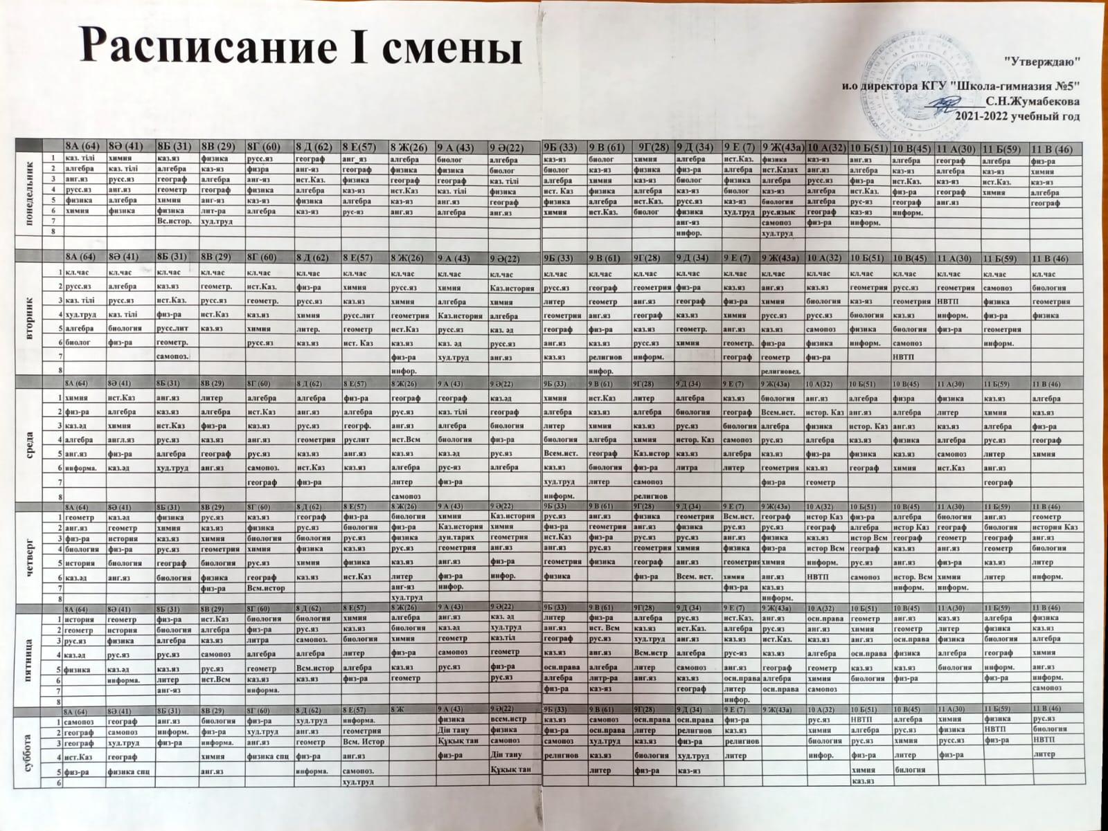 Расписание 1-смены » КГУ «Школа-гимназия №5»УO г.Алматы