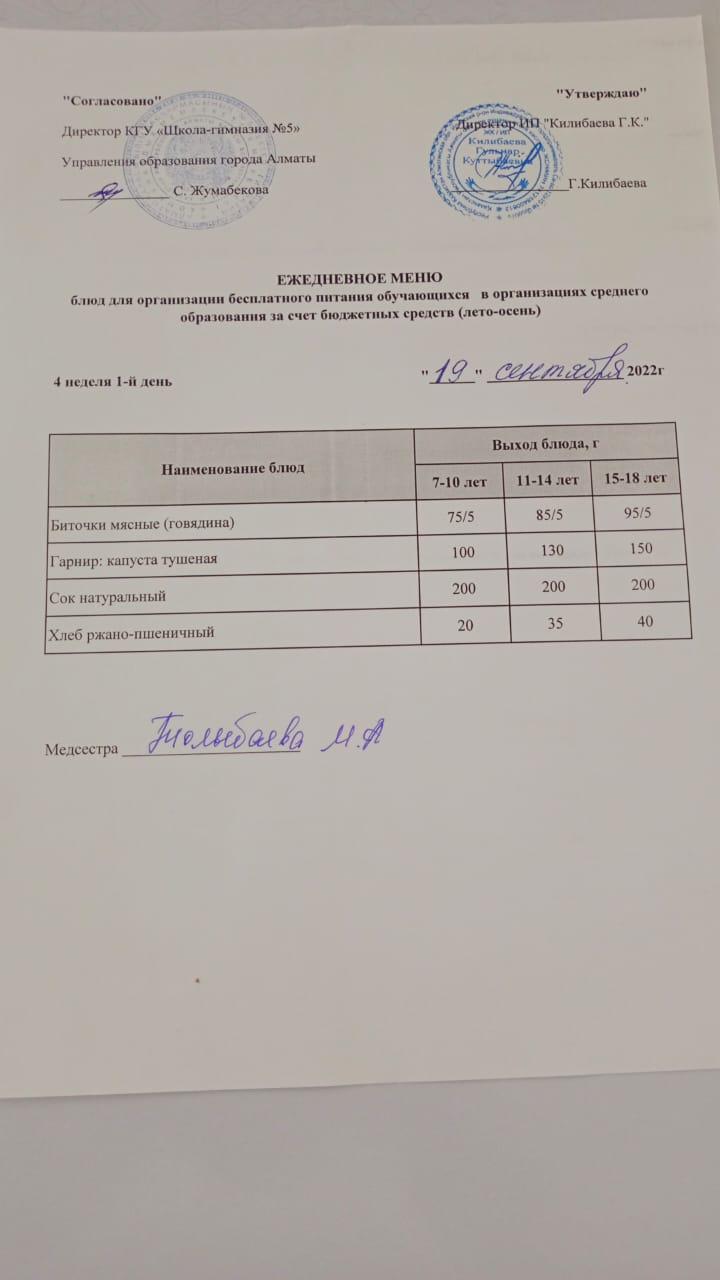 Меню блюд на 19 сентября 2022 года