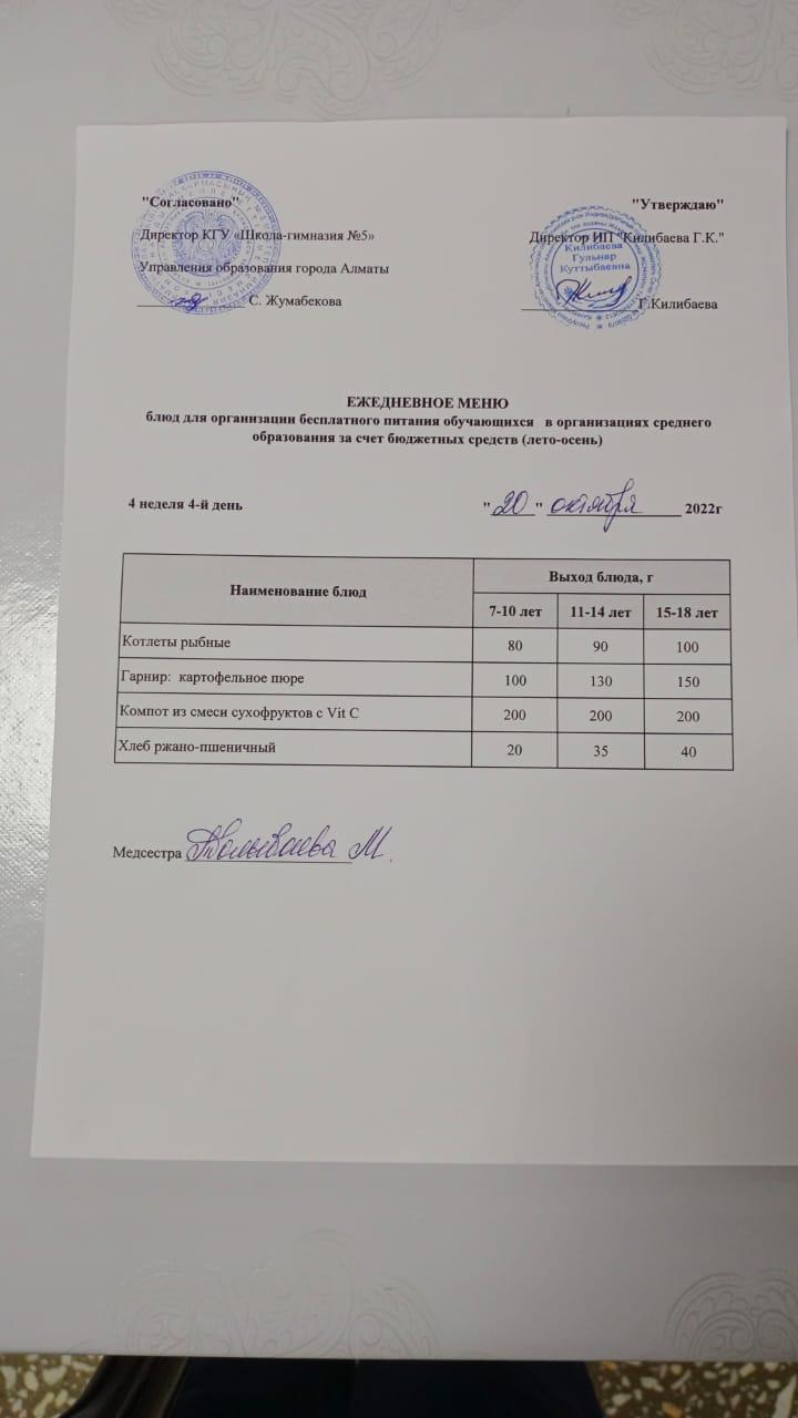 Меню блюд на 20 октября 2022 года