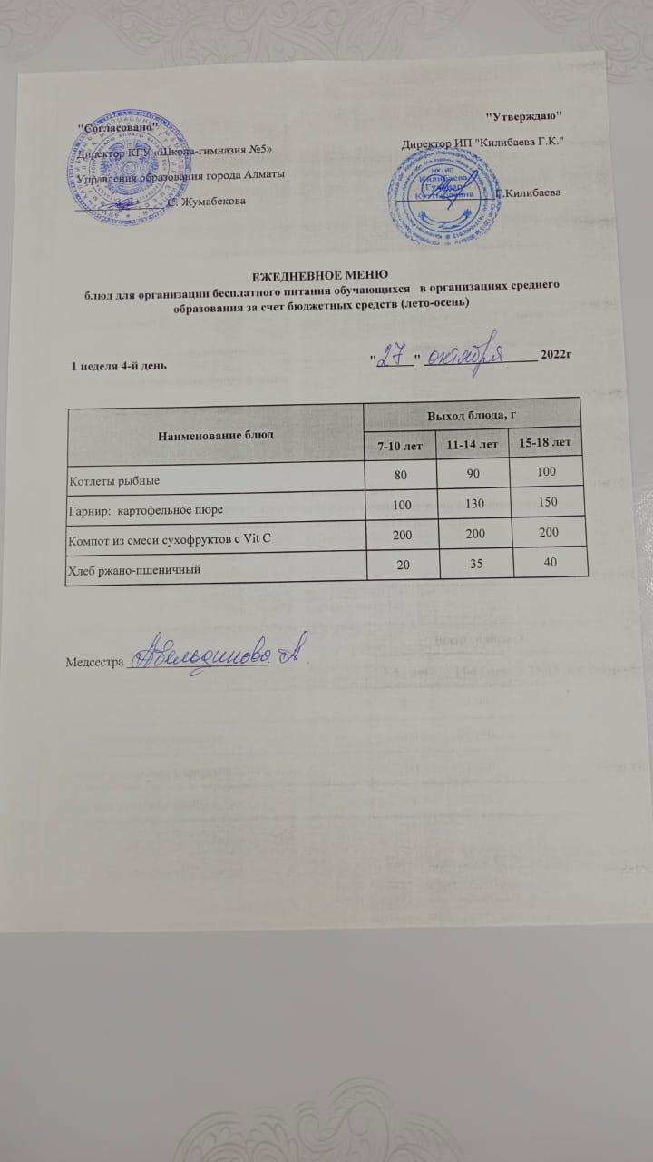 Меню блюд на 27 октября 2022 года