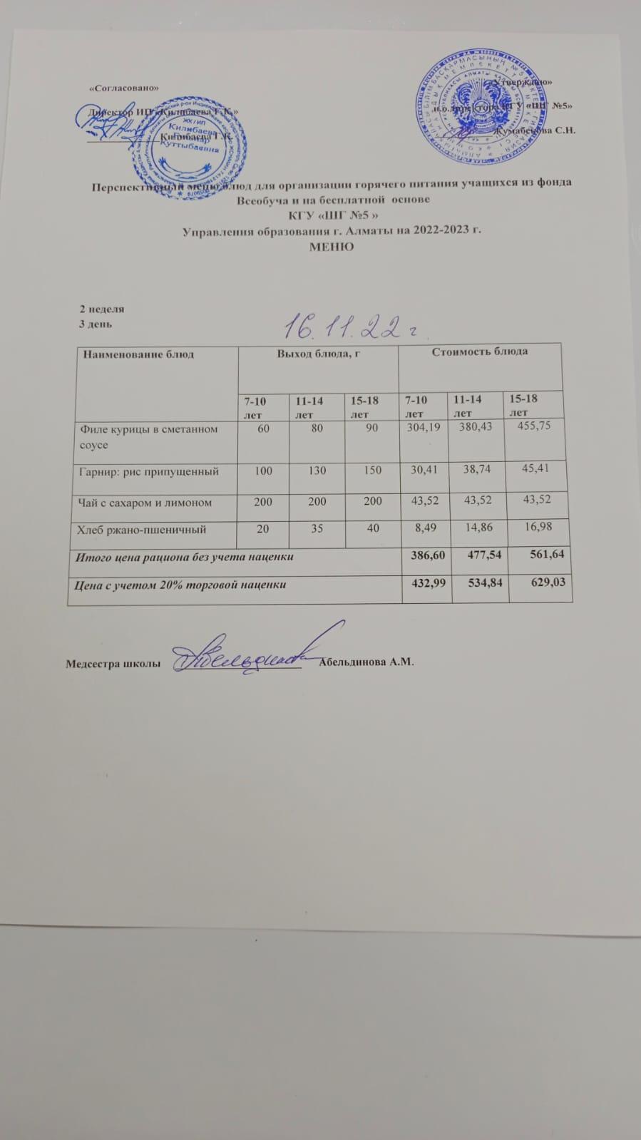 Меню блюд на 16 ноября 2022 года