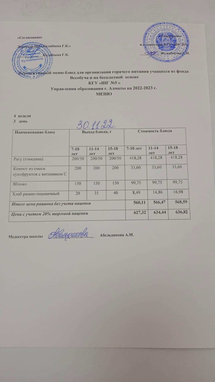 МЕНЮ Меню блюд на 30 ноября 2022 года