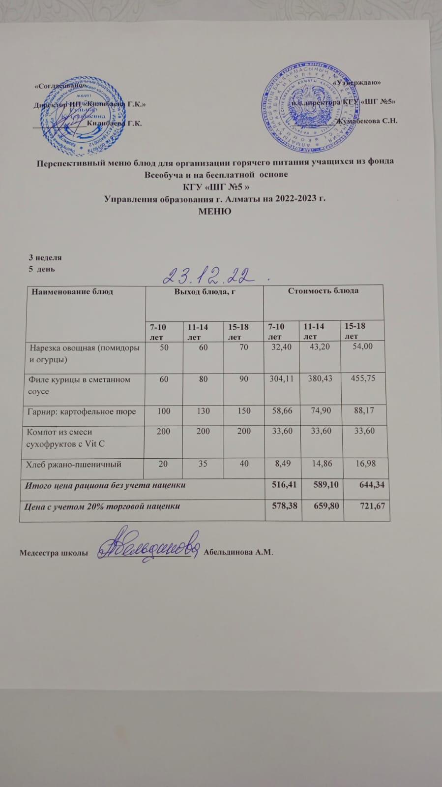 МЕНЮ Меню блюд на 23 декабря 2022 года
