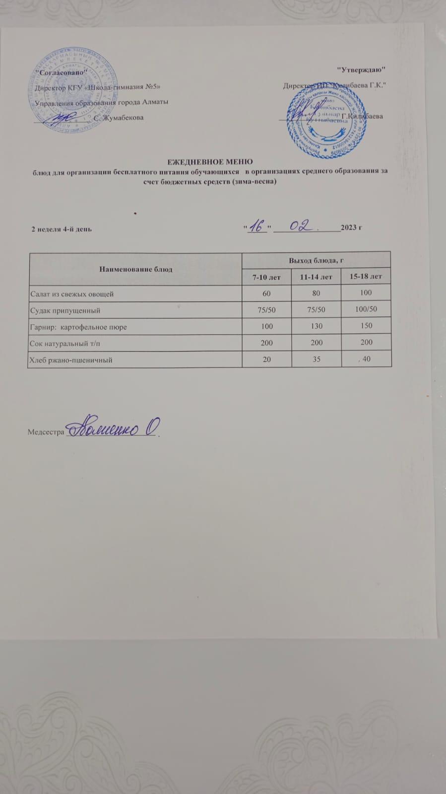 Меню блюд на 16 февраля 2023 года