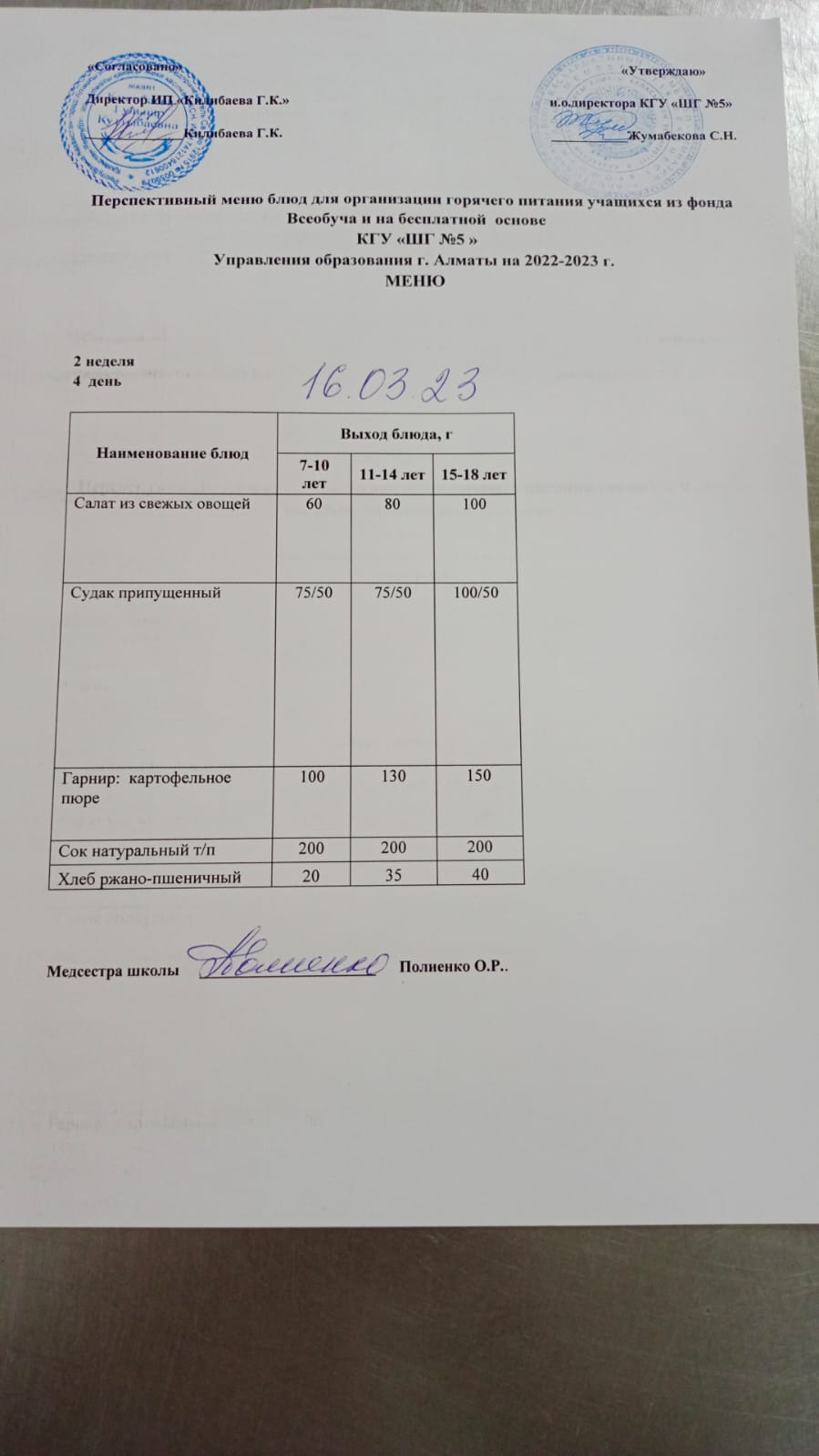 Меню блюд на 16 марта 2023 года