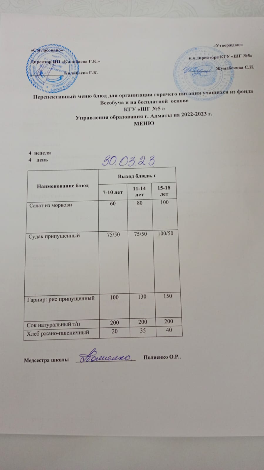 Меню блюд на 30 марта 2023 года