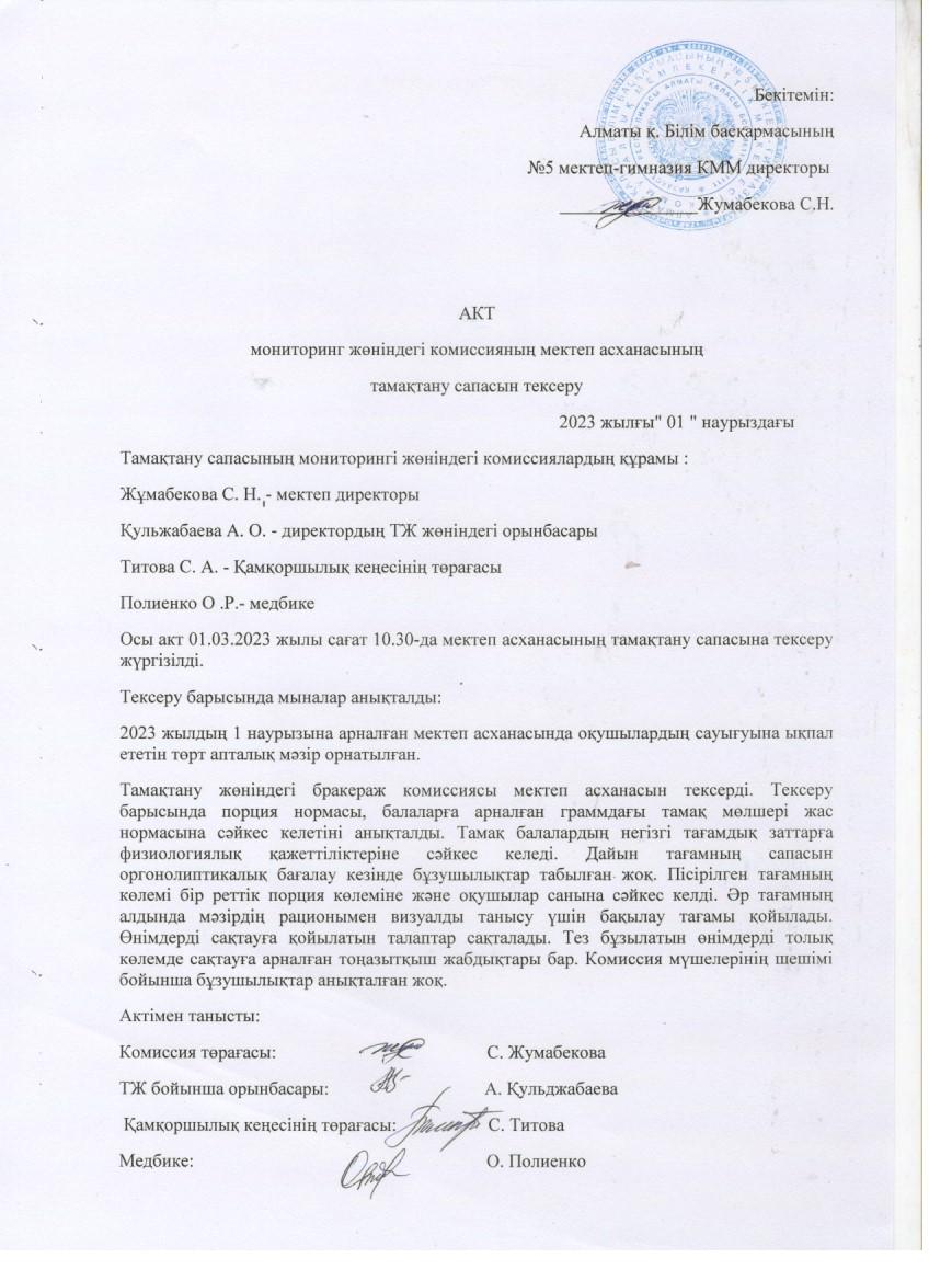 АКТ мониторинг жөніндегі комиссияның мектеп асханасының тамақтану сапасын тексеру