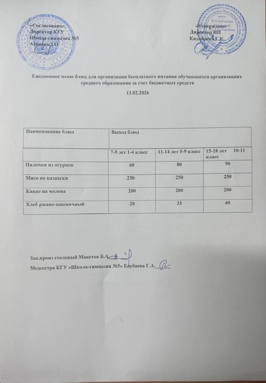 Меню на 13 февраля 2026 года